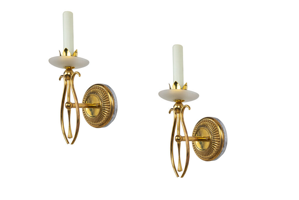 Polished Brass And Frosted Glass One Light Sconces, Italy Mid 20 Default