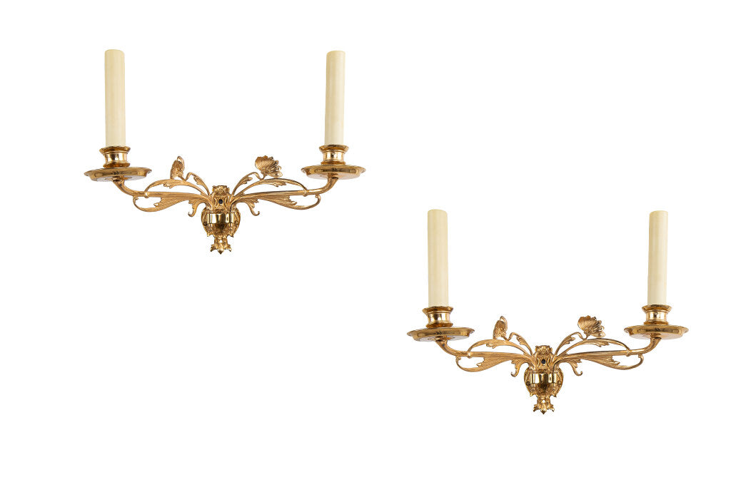 Gilt Bronze Floral Motif Art Nouveau Two Light Swing Arm Sconces Default