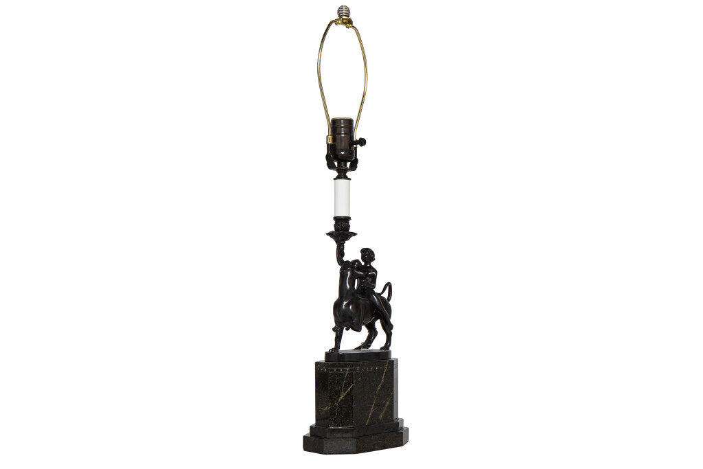 Bronze And Granite Figural Candlestick  Lamp Boy Riding Panther, Default