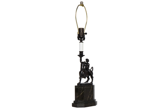 Bronze And Granite Figural Candlestick  Lamp Boy Riding Panther, Default
