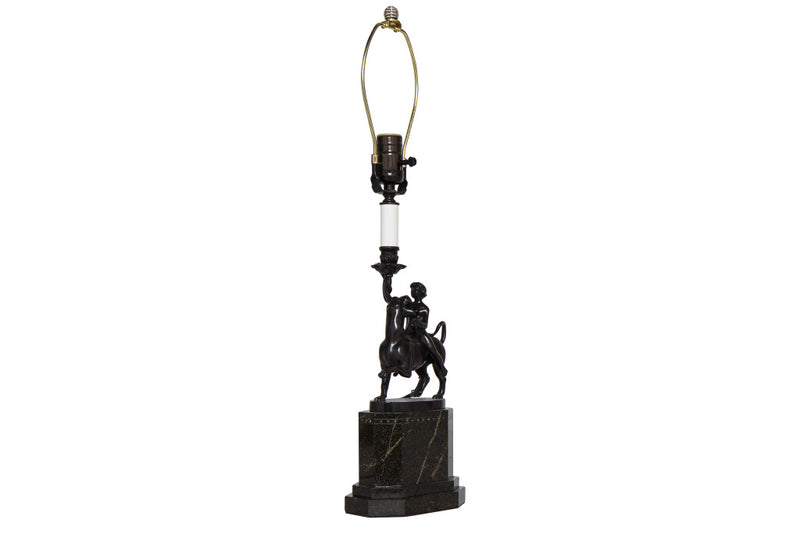 Bronze And Granite Figural Candlestick  Lamp Boy Riding Panther,