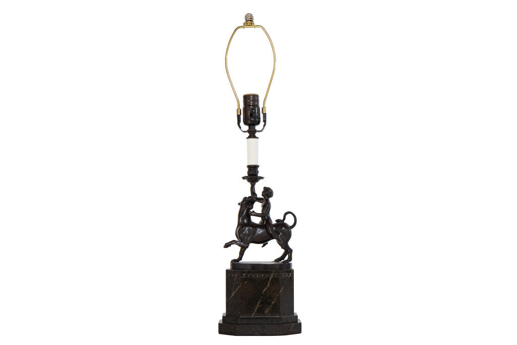 Bronze And Granite Figural Candlestick  Lamp Boy Riding Panther, Default