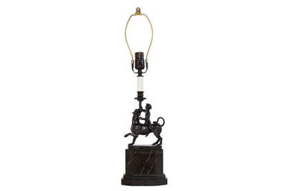 Bronze And Granite Figural Candlestick  Lamp Boy Riding Panther, Default