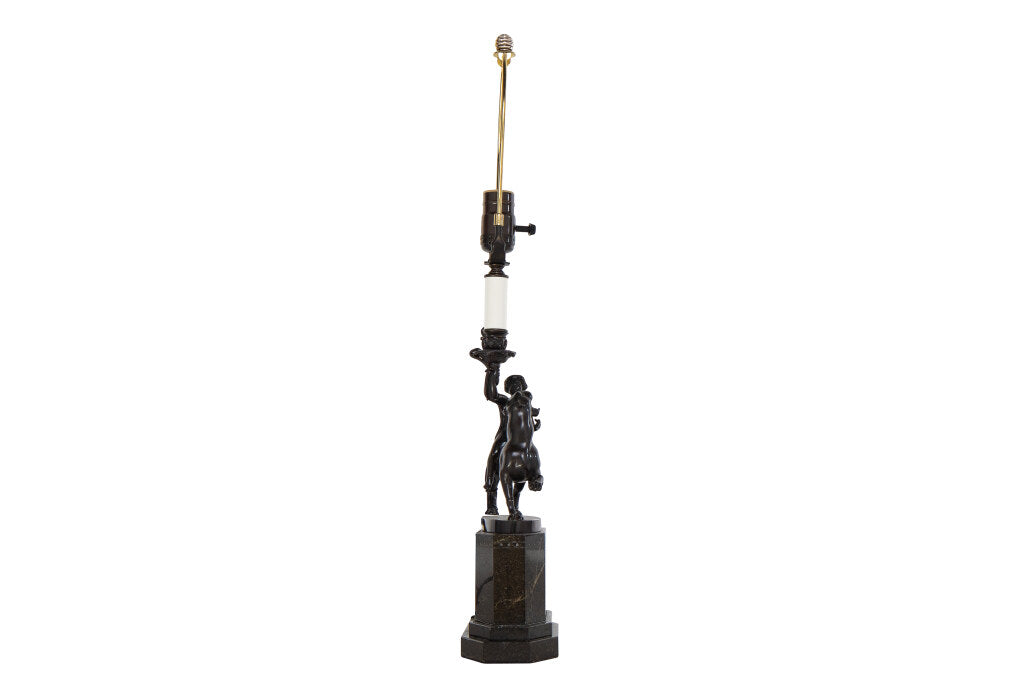 Bronze And Granite Figural Candlestick  Lamp Boy Riding Panther, Default
