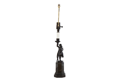 Bronze And Granite Figural Candlestick  Lamp Boy Riding Panther, Default