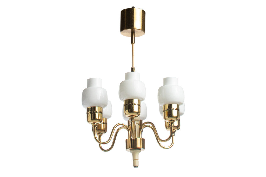 Polished Brass And Painted Wood  Six light Chandelier With Opali Default