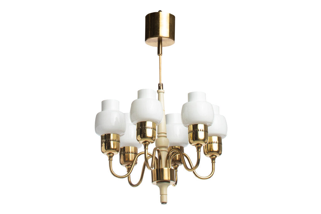 Polished Brass And Painted Wood  Six light Chandelier With Opali Default
