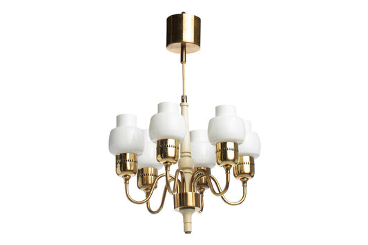 Polished Brass And Painted Wood  Six light Chandelier With Opali Default