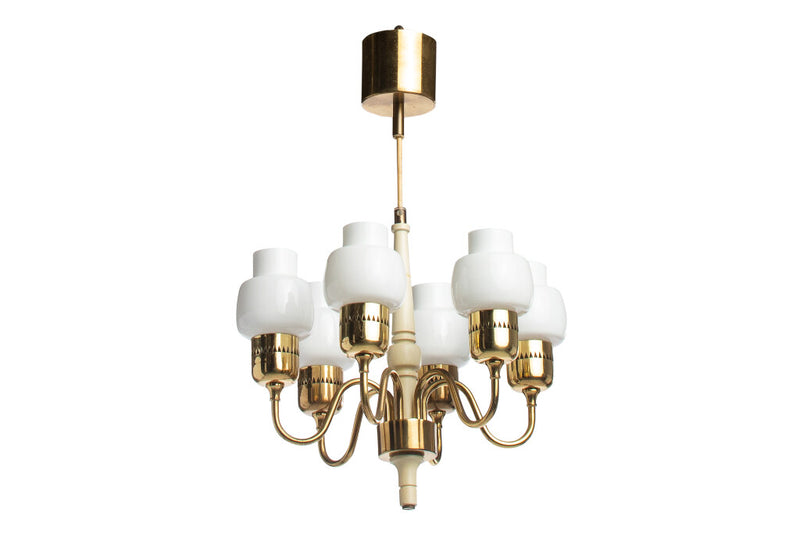 Polished Brass And Painted Wood  Six light Chandelier With Opali