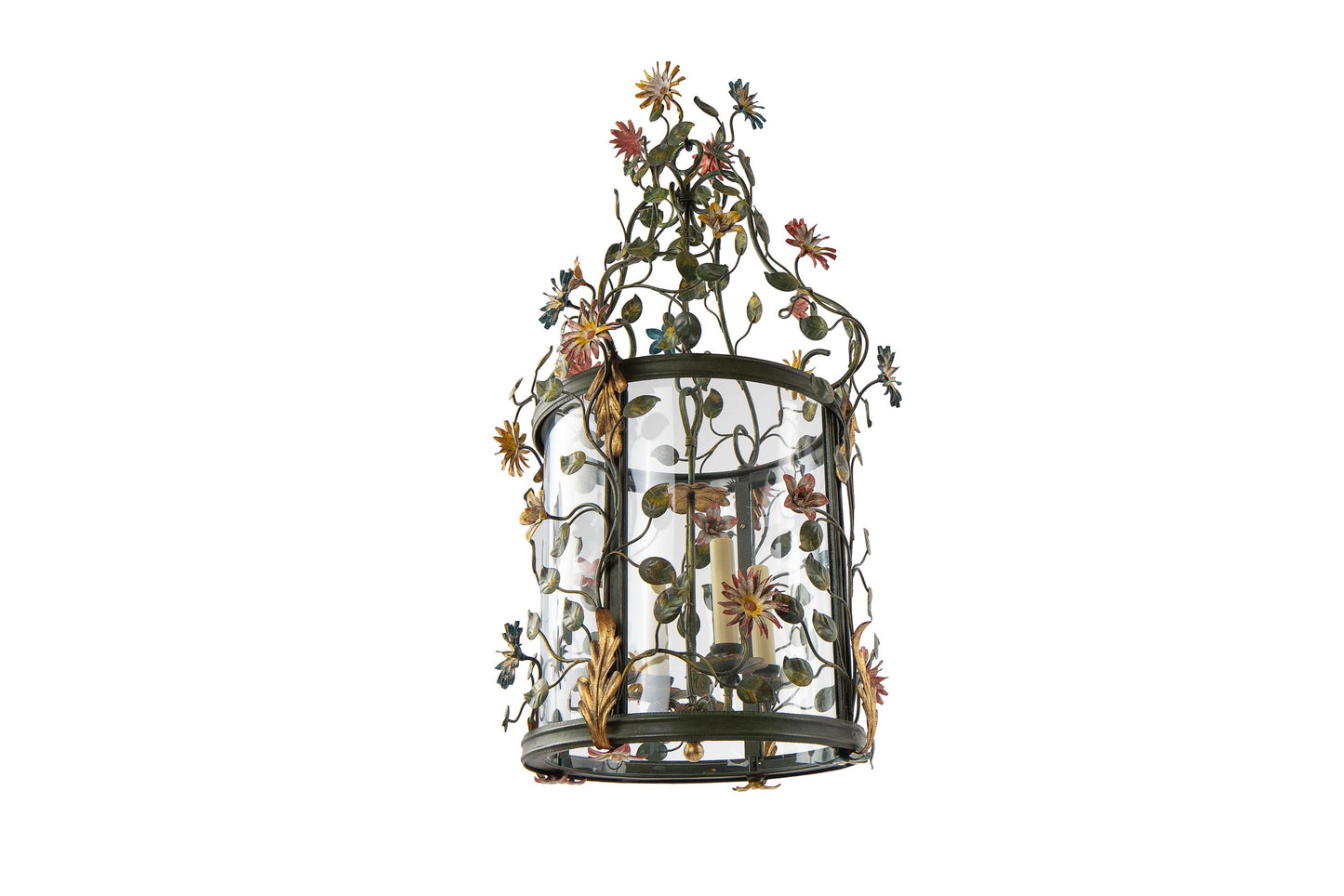 Polychrome Iron And Curved Paneled Glass Floral Motif Four Light