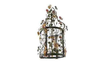 Polychrome Iron And Curved Paneled Glass Floral Motif Four Light