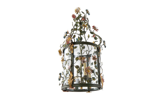 Polychrome Iron And Curved Paneled Glass Floral Motif Four Light