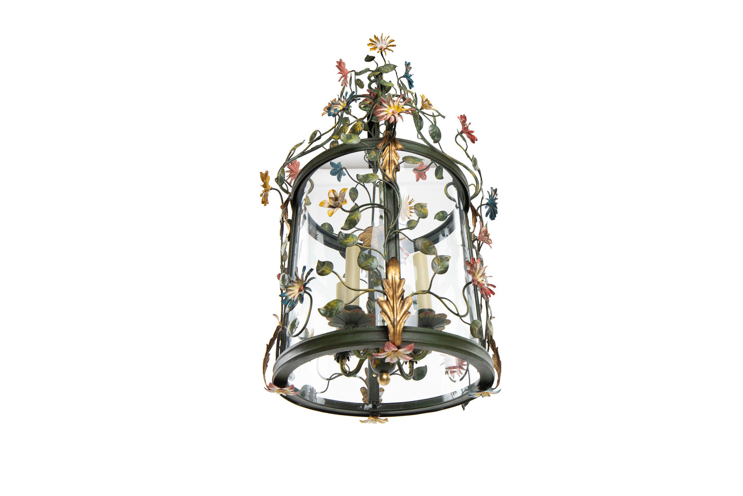 Polychrome Iron And Curved Paneled Glass Floral Motif Four Light