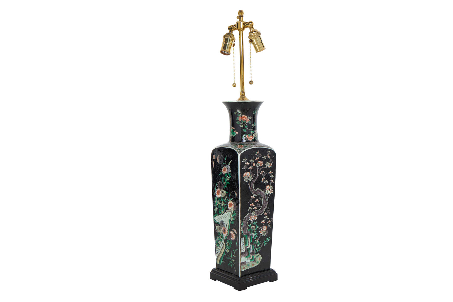 Porcelain Famille Noir Decorated Vase Lamp With Painted Wood Bas