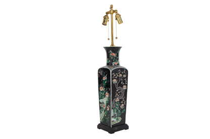 Porcelain Famille Noir Decorated Vase Lamp With Painted Wood Bas