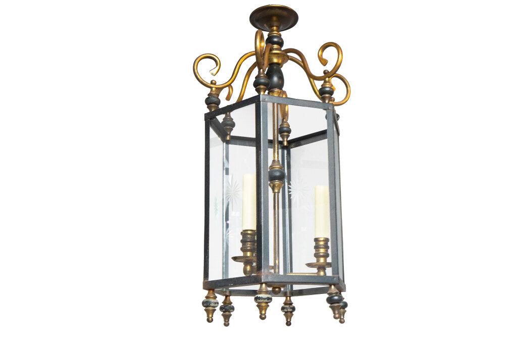 Wood, Black and Polished Brass Three Light Lantern With Etched P Default