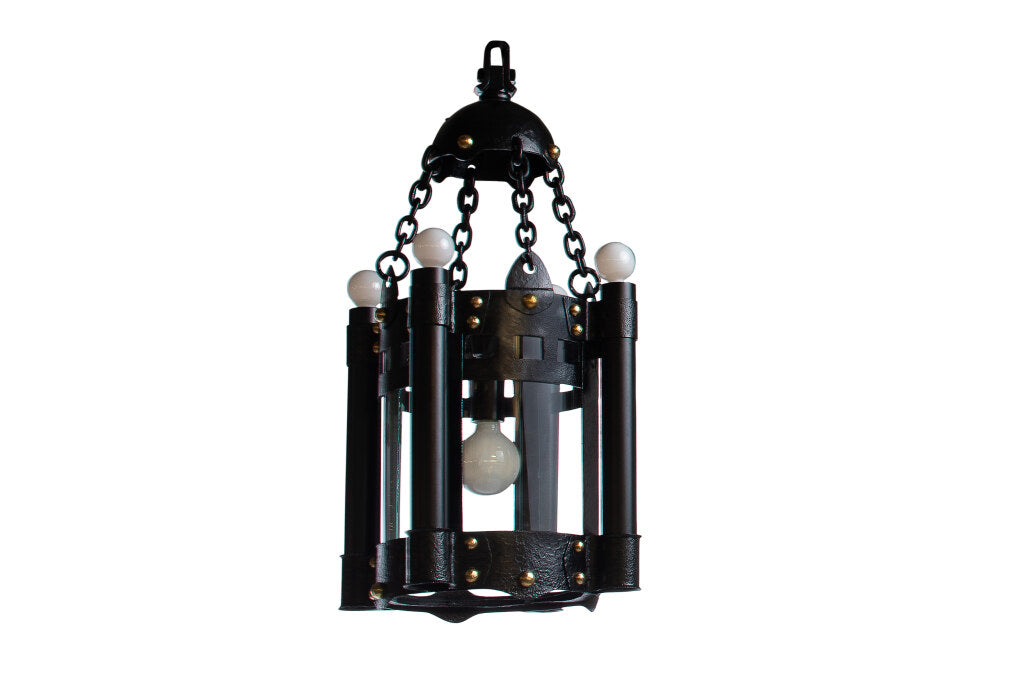 Wood, Black and Polished Brass Three Light Lantern With Etched P Default