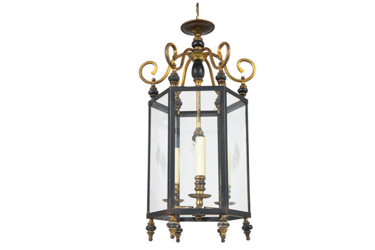 Wood, Black and Polished Brass Three Light Lantern With Etched P Default