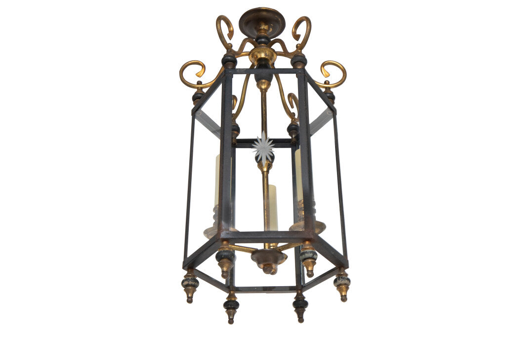 Wood, Black and Polished Brass Three Light Lantern With Etched P Default
