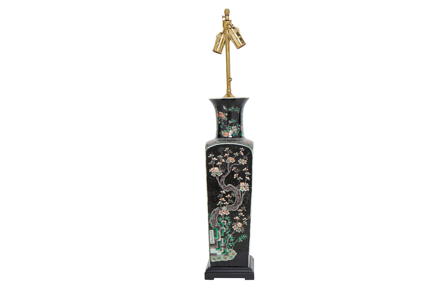Porcelain Famille Noir Decorated Vase Lamp With Painted Wood Bas