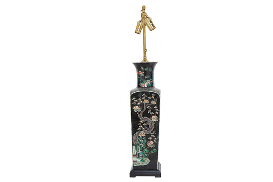 Porcelain Famille Noir Decorated Vase Lamp With Painted Wood Bas