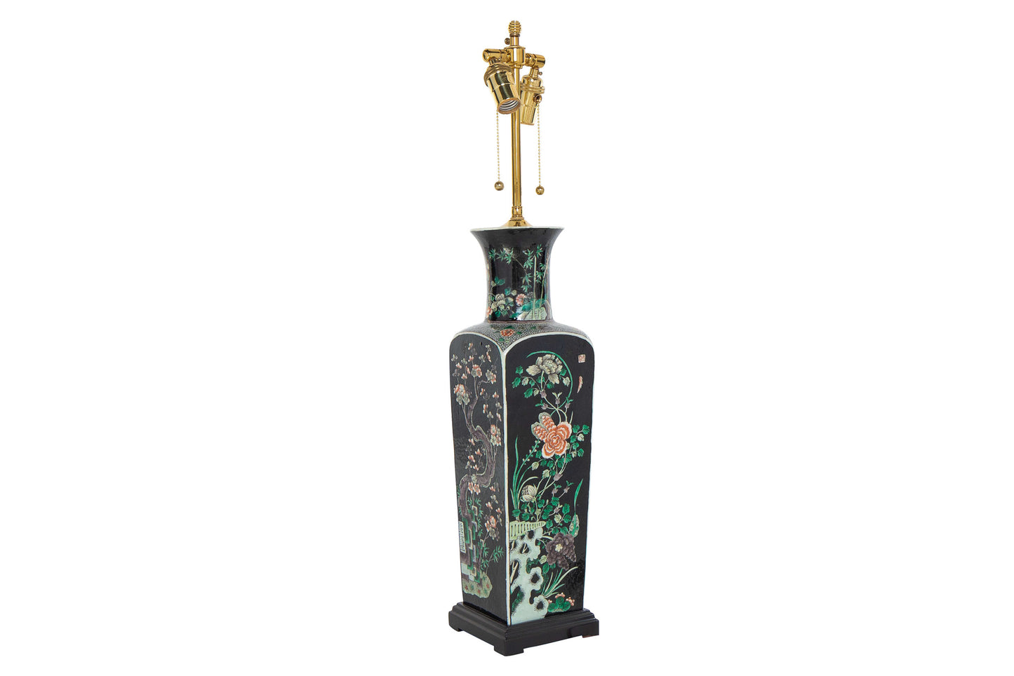 Porcelain Famille Noir Decorated Vase Lamp With Painted Wood Bas