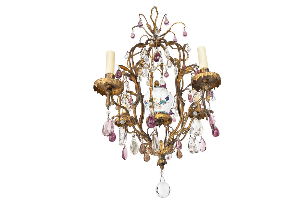 Gilt Bronze, Tole, Decorated Chinoiserie Porcelain Four Light Ch Default