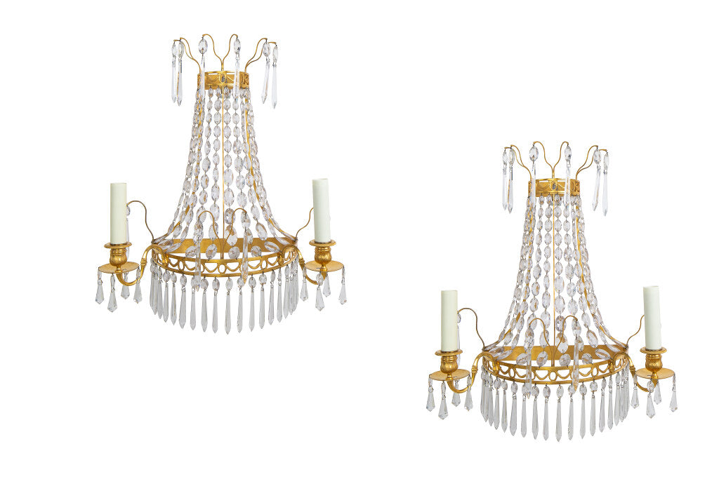 Gilt Bronze And Crystal Empire Style Three Light Sconces With Sp Default