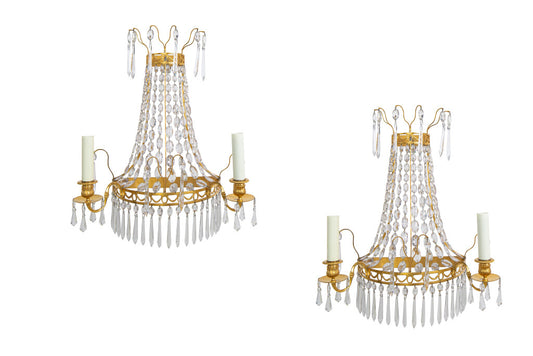 Gilt Bronze And Crystal Empire Style Three Light Sconces With Sp Default