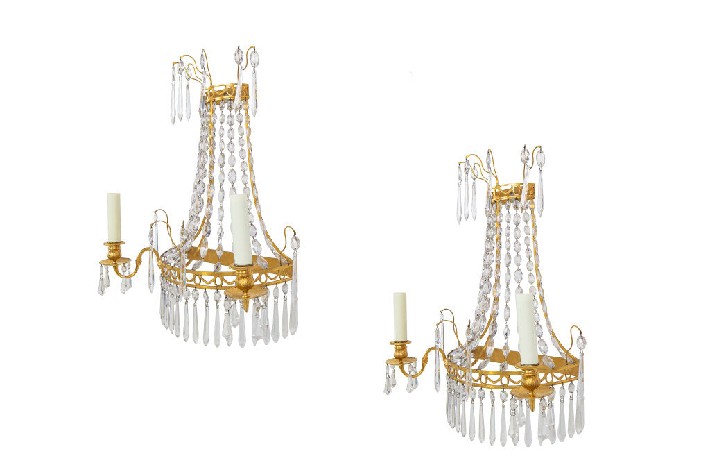 Gilt Bronze And Crystal Empire Style Three Light Sconces With Sp Default