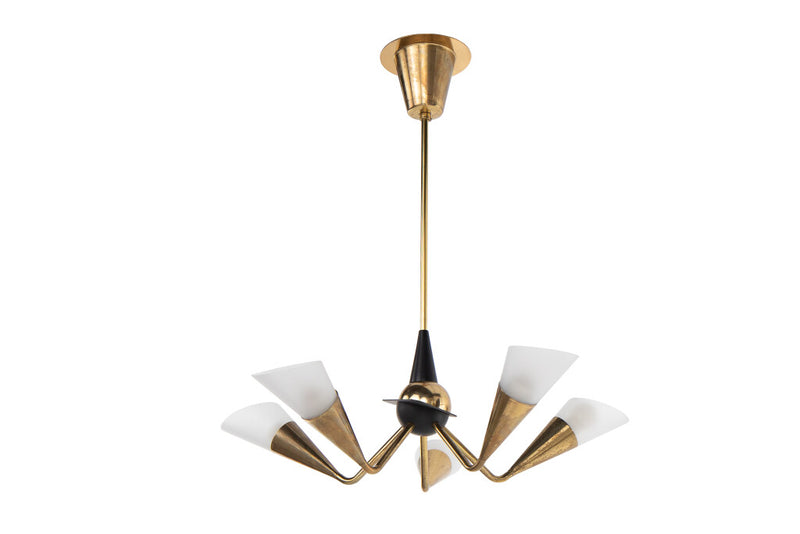 Black and Polished Brass Five Light  Chandelier With Glass Shade