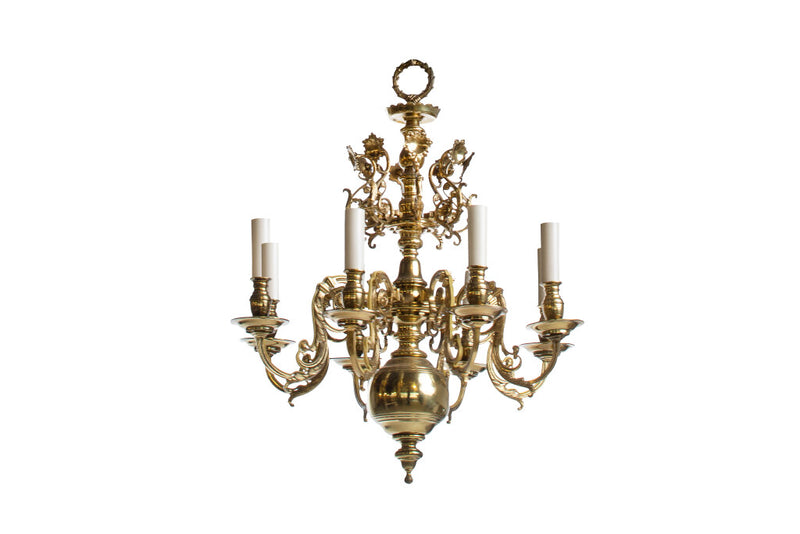 Brass Baroque Style Eight Light Chandelier With Light Reflectors