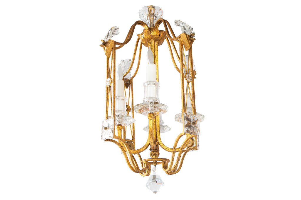 Gilt Iron and Crystal Four Light Lantern By " MAISON BAGUES",  F Default