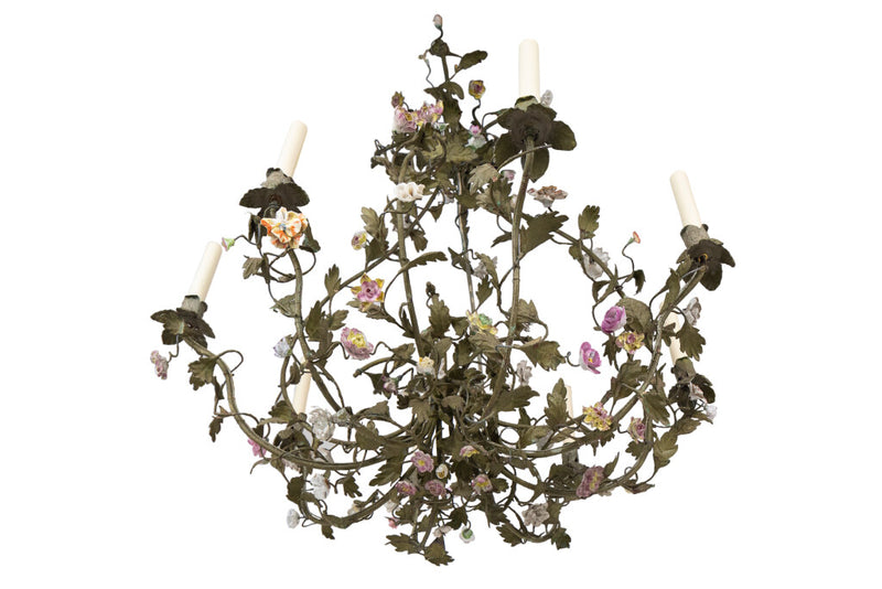 Painted Iron And Tole L. XV Style Eight Light Chandelier With Ha