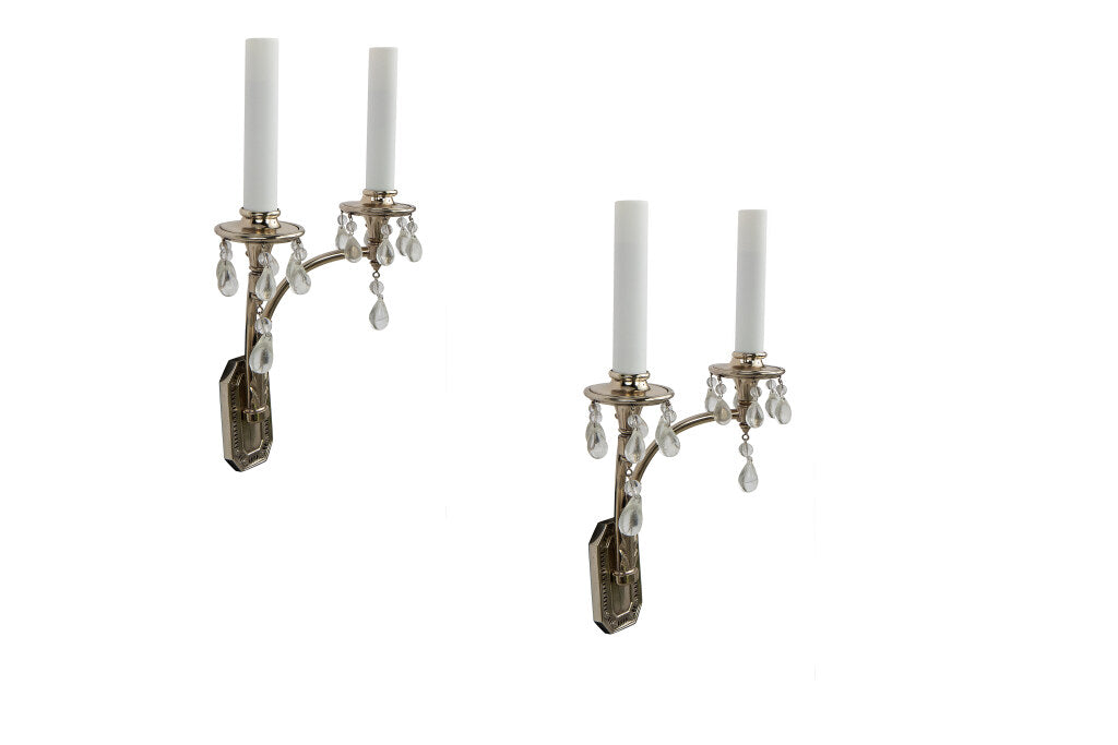 Silvered Brass And Crystal Two Light Art Deco Sconces, Italy 20t Default
