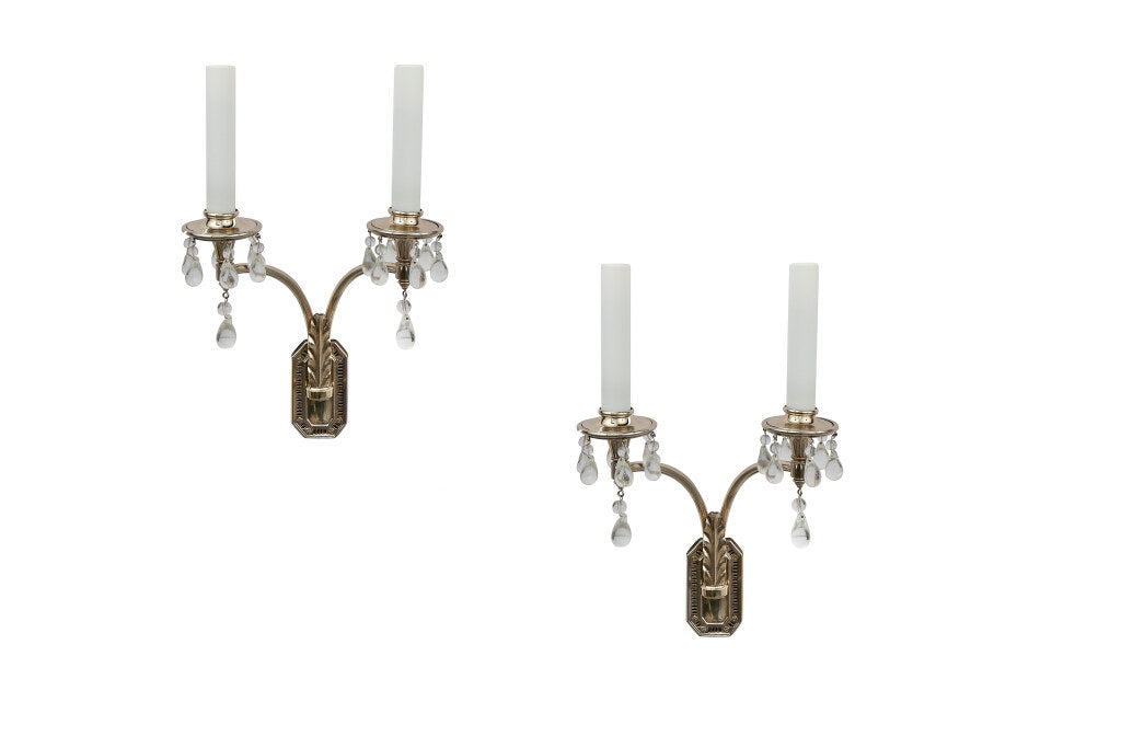 Silvered Brass And Crystal Two Light Art Deco Sconces, Italy 20t Default
