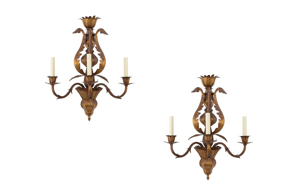 Gilt Tole Three Light Sconces With Urn Motif, Italy 19th Century Default