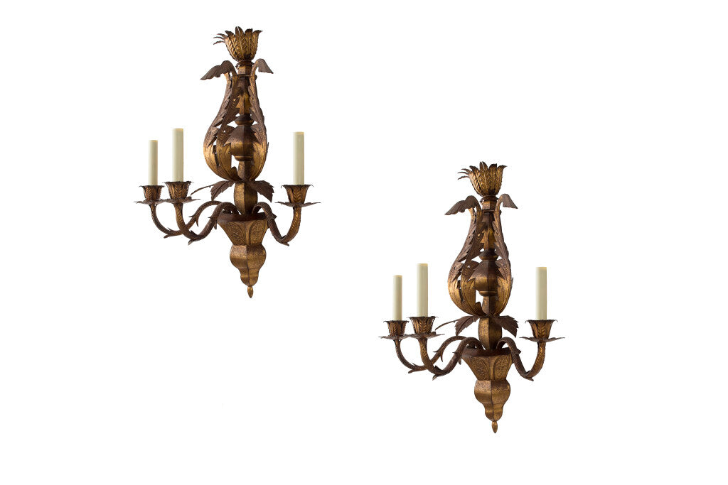 Gilt Tole Three Light Sconces With Urn Motif, Italy 19th Century Default