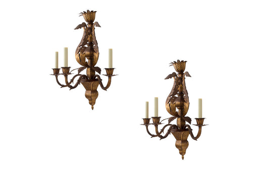 Gilt Tole Three Light Sconces With Urn Motif, Italy 19th Century Default
