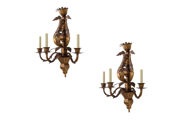 Gilt Tole Three Light Sconces With Urn Motif, Italy 19th Century