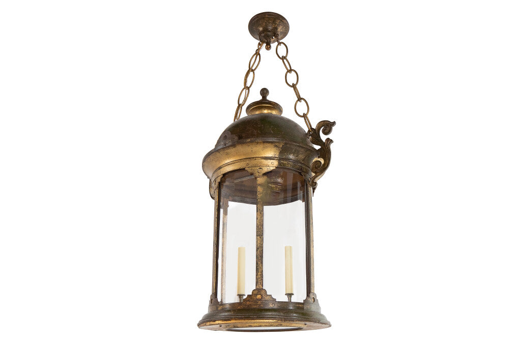 Gilt Iron And Paneled Glass Train Station Four Light Lantern,  C Default