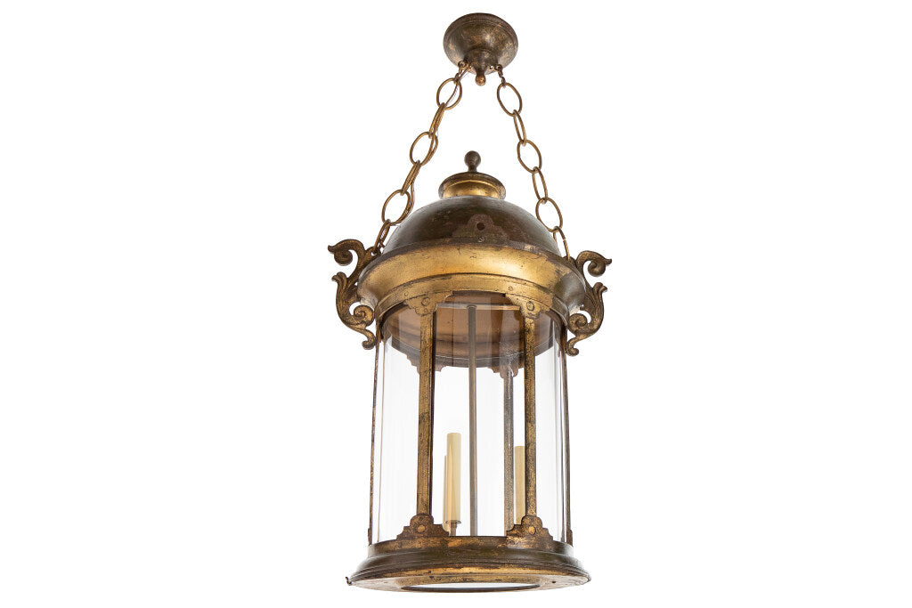 Gilt Iron And Paneled Glass Train Station Four Light Lantern,  C Default