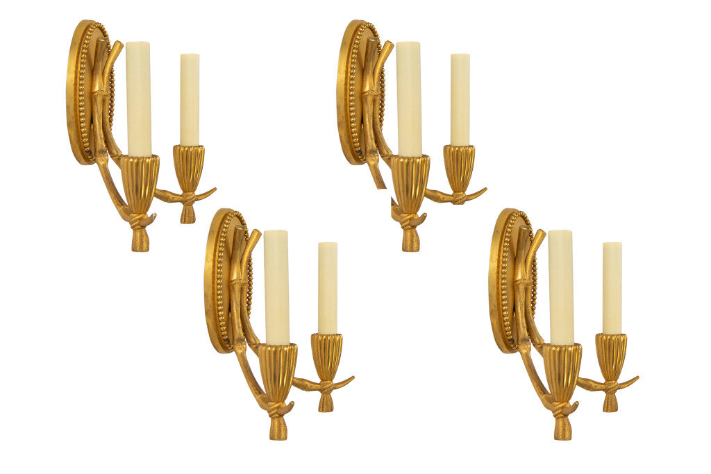 Gilt Bronze Bamboo Motif Two Light Sconces With Beaded Backs Pla Default