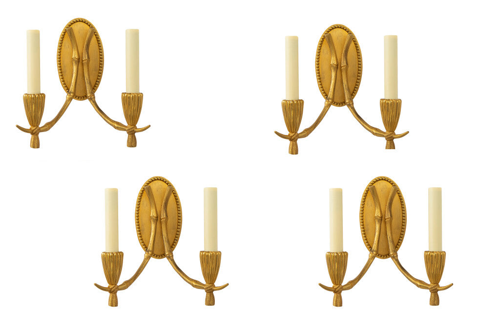Gilt Bronze Bamboo Motif Two Light Sconces With Beaded Backs Pla Default
