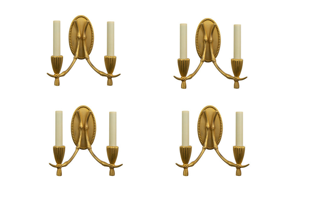 Gilt Bronze Bamboo Motif Two Light Sconces With Beaded Backs Pla Default