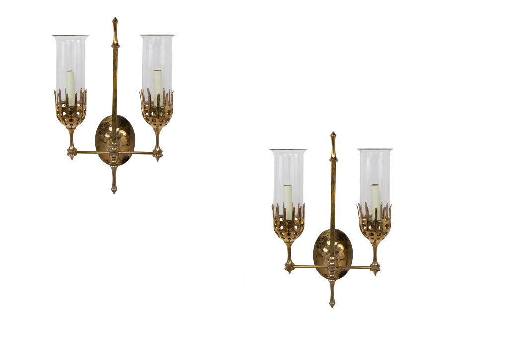 Brass And Glass Two Light Sconces With Hurricane Shades In The S Default