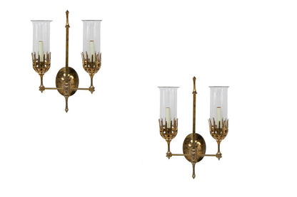 Brass And Glass Two Light Sconces With Hurricane Shades In The S Default