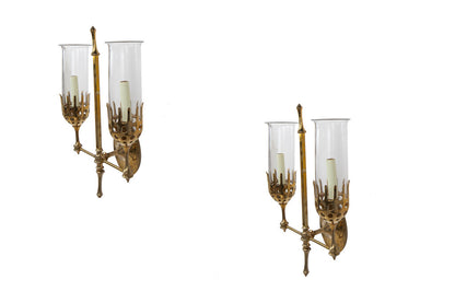 Brass And Glass Two Light Sconces With Hurricane Shades In The S Default