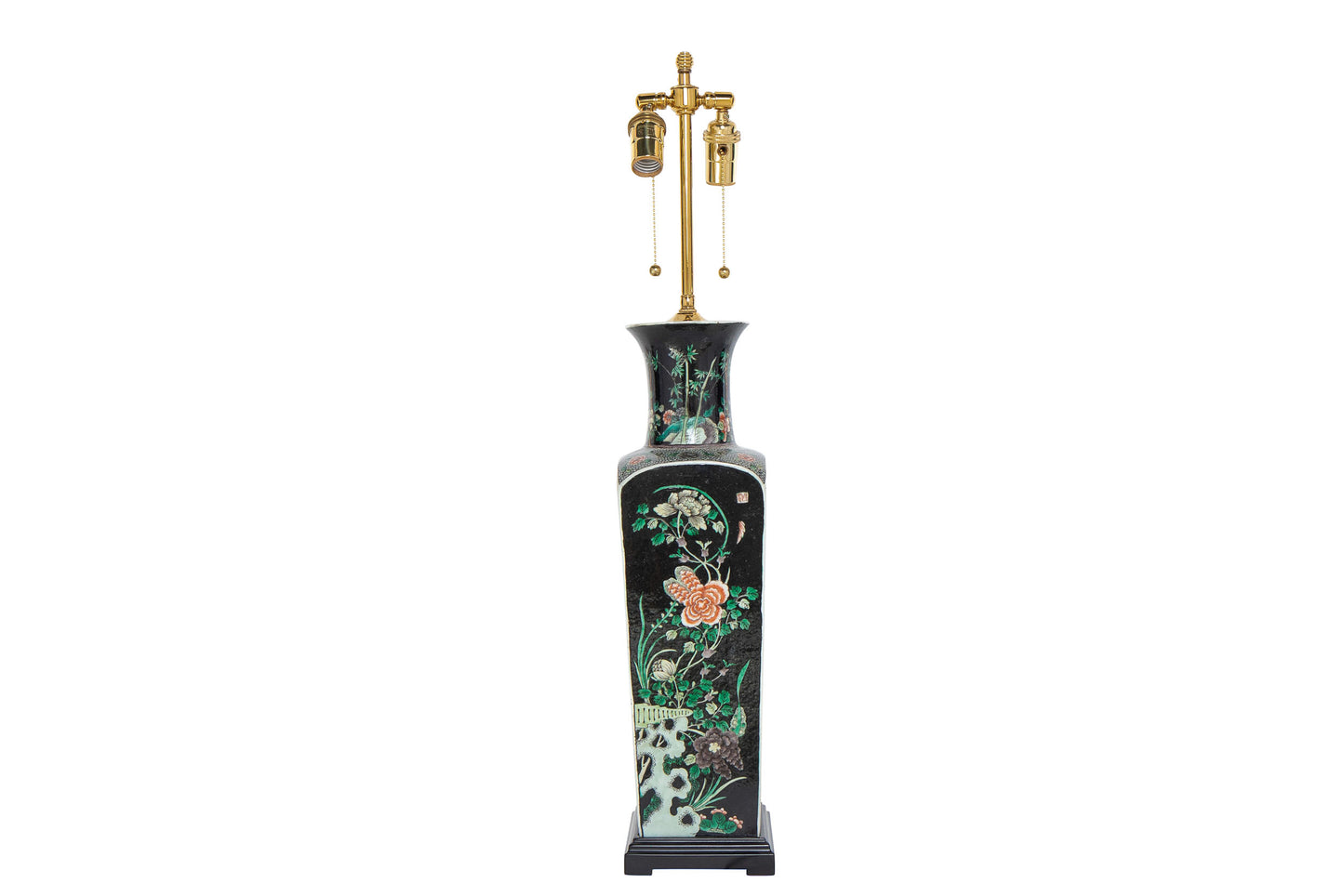 Porcelain Famille Noir Decorated Vase Lamp With Painted Wood Bas