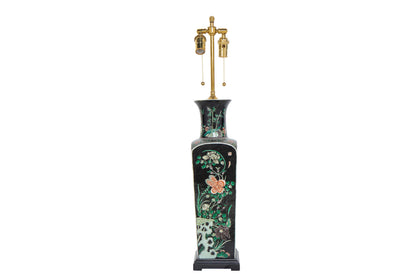 Porcelain Famille Noir Decorated Vase Lamp With Painted Wood Bas